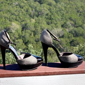 LULU Townsend Patent Leather/Tweed Black & White Platform Heels